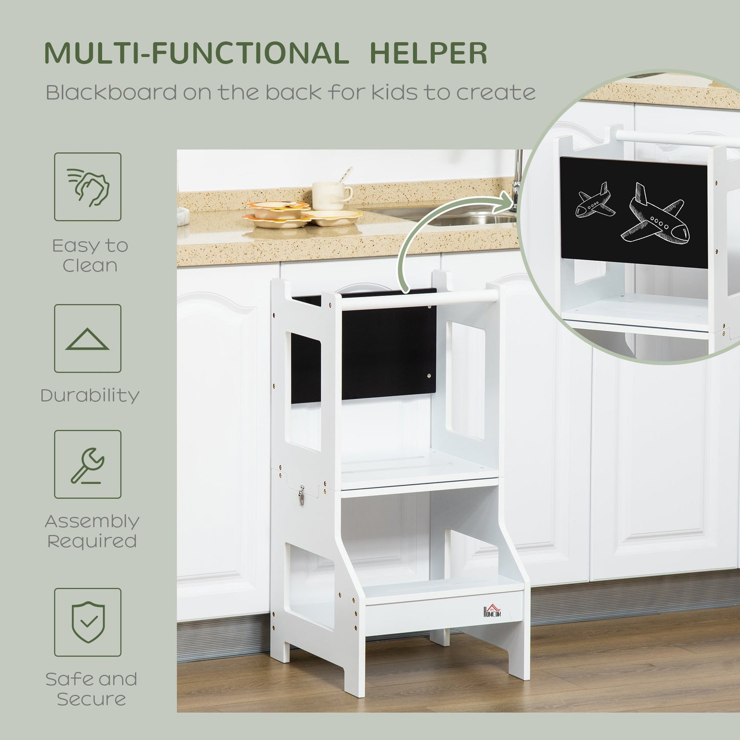 2-in-1 Kids Kitchen Helper Step Stool, Detachable Toddler Table and Chair Set, Children Standing Tower for Kitchen Counter with Safety Rail Chalkboard, White at Gallery Canada