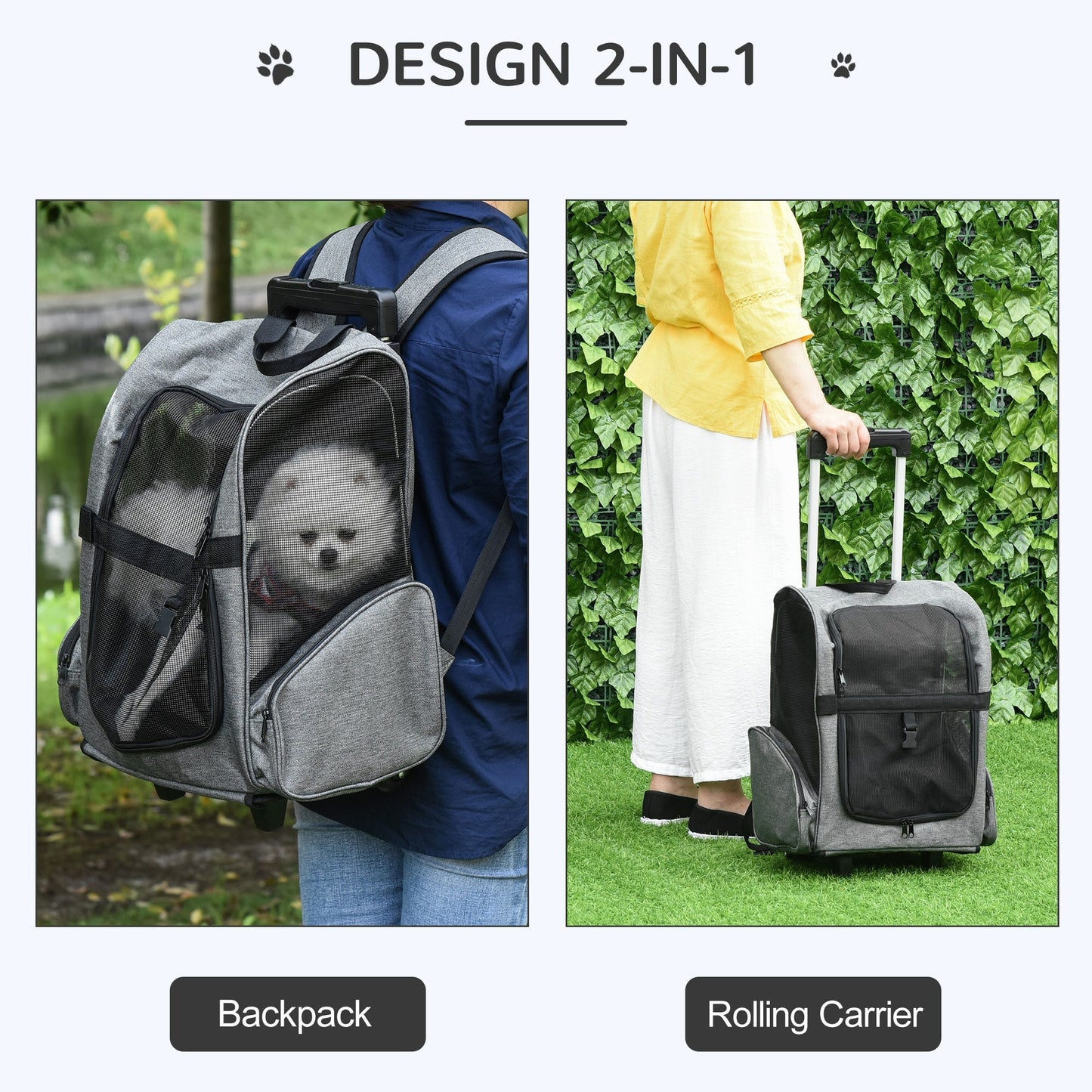 2-IN-1 Pet Luggage Box Backpack Carrier Cats Dogs w/ Handle, Rolling Wheel Grey at Gallery Canada