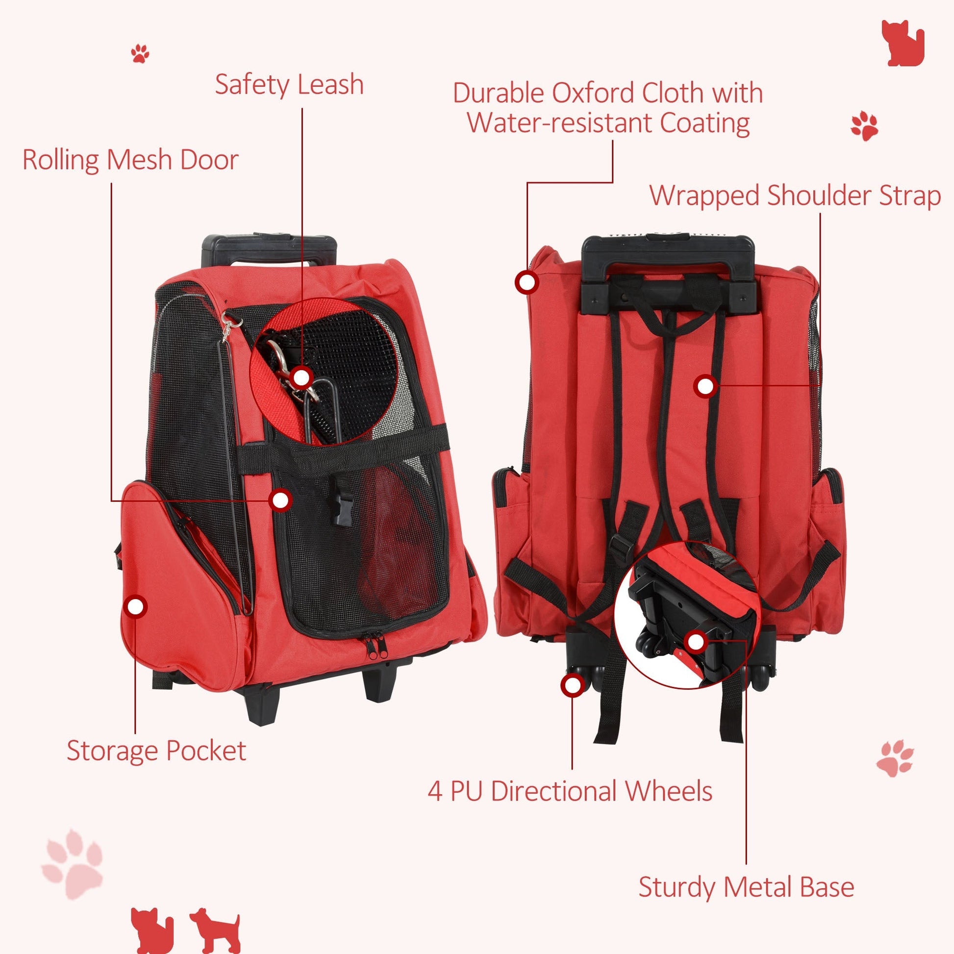 2-IN-1 Pet Luggage Box Backpack Carrier Cats Dogs w/ Handle, Rolling Wheel Red at Gallery Canada