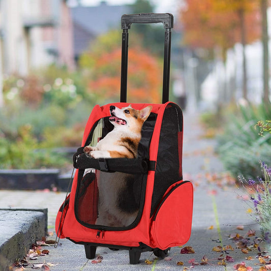 2-IN-1 Pet Luggage Box Backpack Carrier Cats Dogs w/ Handle, Rolling Wheel Red - Gallery Canada