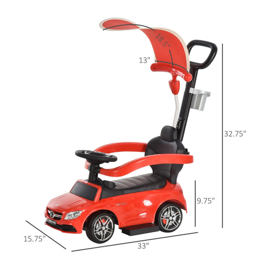 2 in 1 Push Car for Toddlers for 1-3 Years Old, Officially Licensed AMG C63 Baby Car, Kids Stroller Sliding Car with Sun Canopy Foot Rest Horn Sound Safety Bar Cup Holder, Red