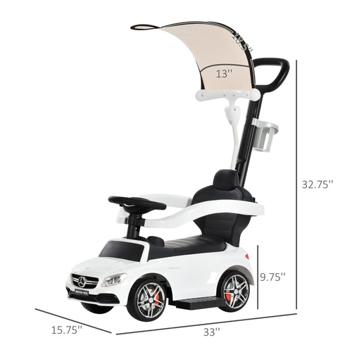 2 in 1 Push Car for Toddlers for 1-3 Years Old, Officially Licensed AMG C63 Baby Car, Kids Stroller Sliding Car with Sun Canopy Foot Rest Horn Sound Safety Bar Cup Holder, White