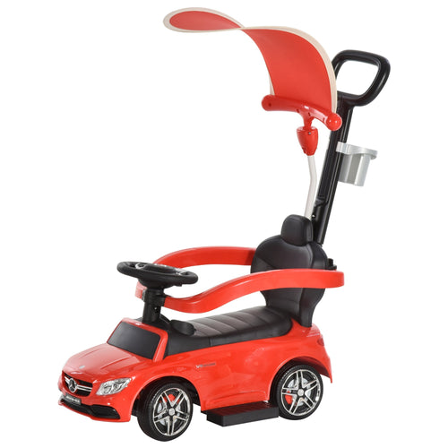 2 in 1 Push Car for Toddlers for 1-3 Years Old, Officially Licensed AMG C63 Baby Car, Kids Stroller Sliding Car with Sun Canopy Foot Rest Horn Sound Safety Bar Cup Holder, Red