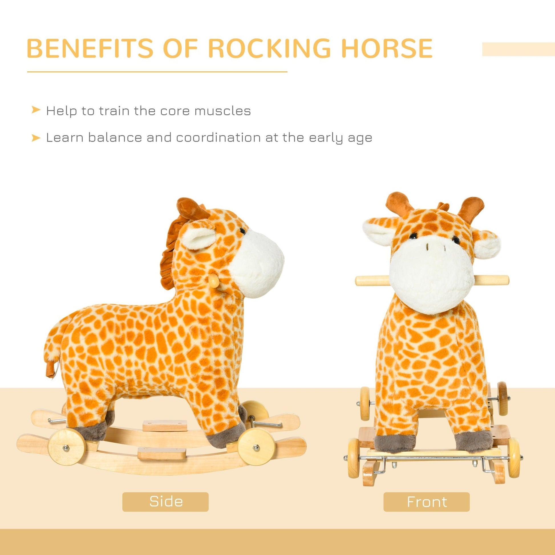 2-IN-1 Rocking Horse Kids Plush Ride-On Gliding Giraffe-shaped Plush Toy Rocker with Realistic Sounds for Child 36-72 Months Yellow - Gallery Canada