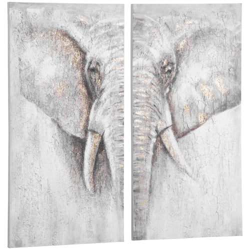 2 Panel Elephant Art Hand-Painted Canvas Animal Wall Art Painting with Heavy Texture, for Living Room Bedroom Decor Grey, 47.25