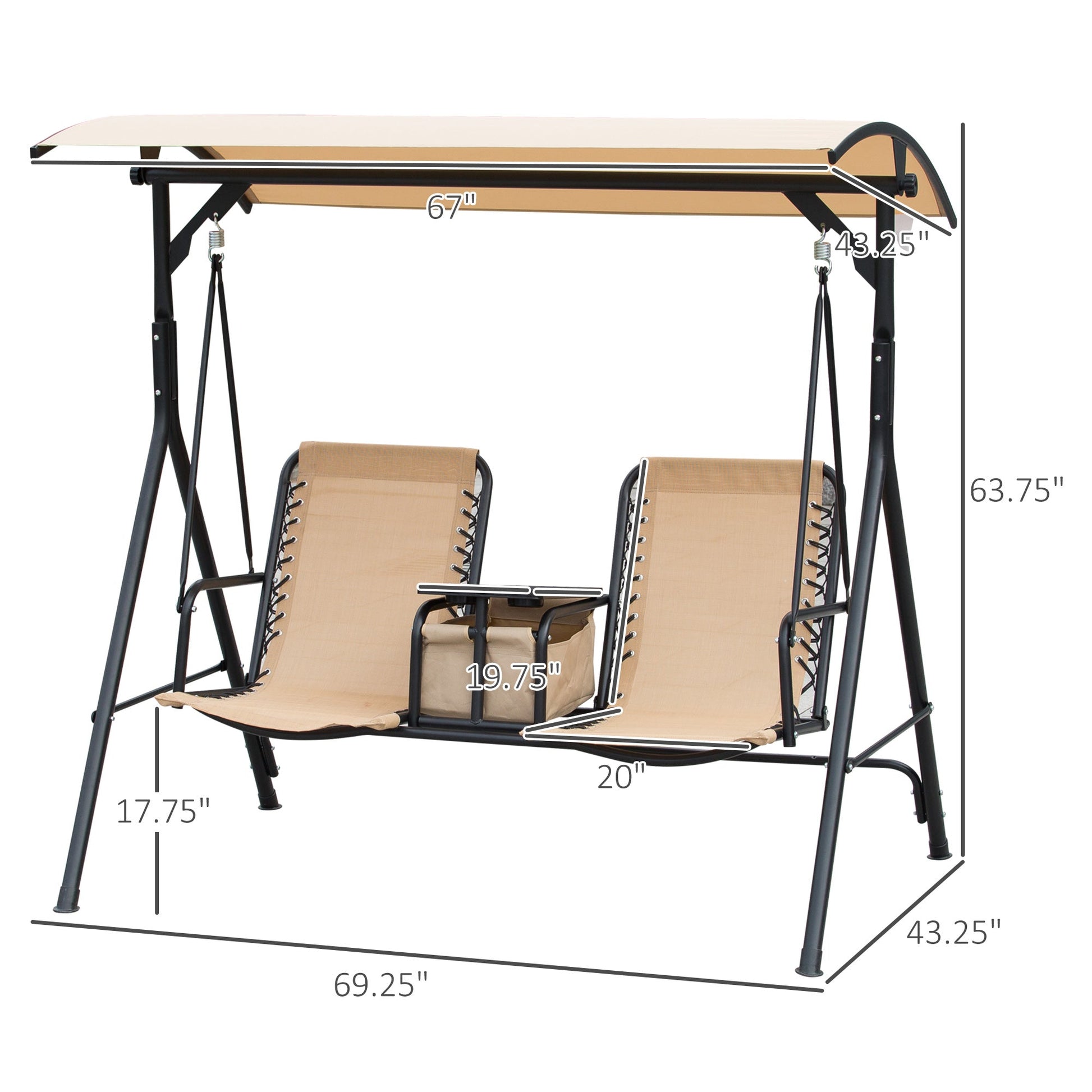 2 Person Covered Porch Swing Patio Swing with Pivot Storage Table, Cup Holder, &; Adjustable Overhead Canopy, Beige - Gallery Canada