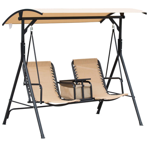 2 Person Covered Porch Swing Patio Swing with Pivot Storage Table, Cup Holder, &; Adjustable Overhead Canopy, Beige