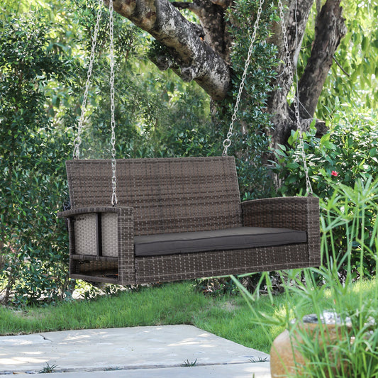 2-Person Patio Porch Swing Chair, Outdoor Rattan Hanging Bench with Cushion &; 7.2 ft Steel Chains, Grey - Gallery Canada