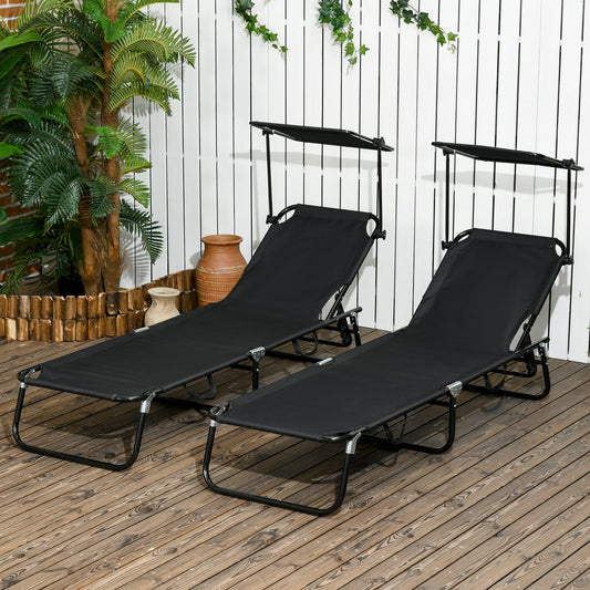 2 Piece Folding Outdoor Chaise Lounges, Pool, Sun, Tanning Chairs with Reclining Back, Sunshade for Beach, Patio, Black - Gallery Canada