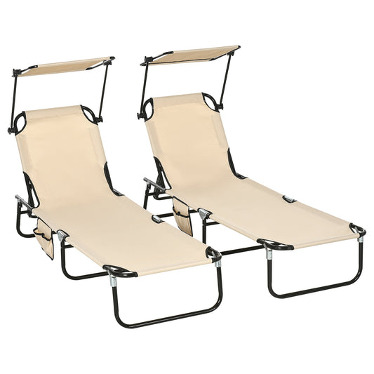 2 Piece Folding Outdoor Chaise Lounges, Pool, Sun, Tanning Chairs with Reclining Back, Sunshade for Beach, Patio, Tan at Gallery Canada