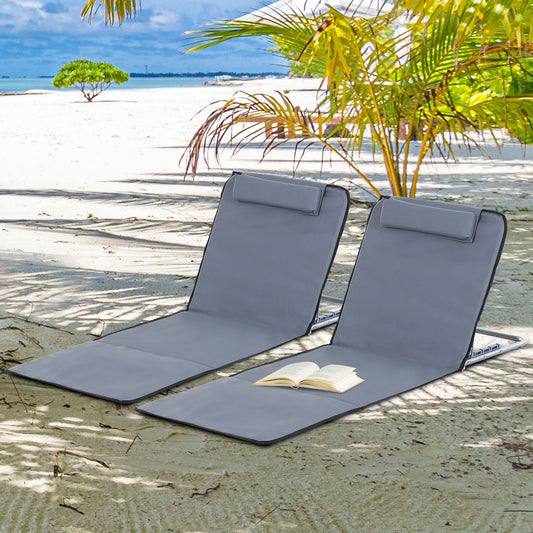 2 Pieces Beach Lounge Chair, Outdoor Folding Chaise Lounge Set w/ Pillow for Sunbath, Snap, Grey - Gallery Canada