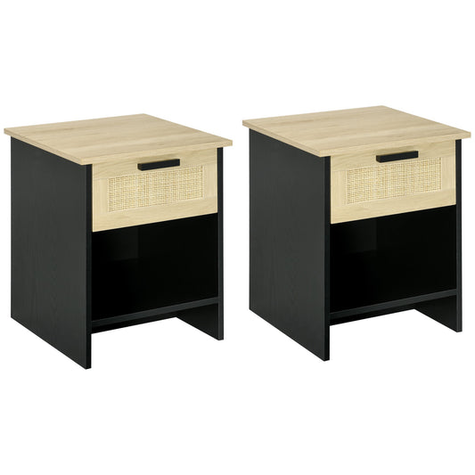 2 Pieces Nightstands, Boho Bedside Tables with Drawer and Storage Shelf for Bedroom, Living Room, Black at Gallery Canada