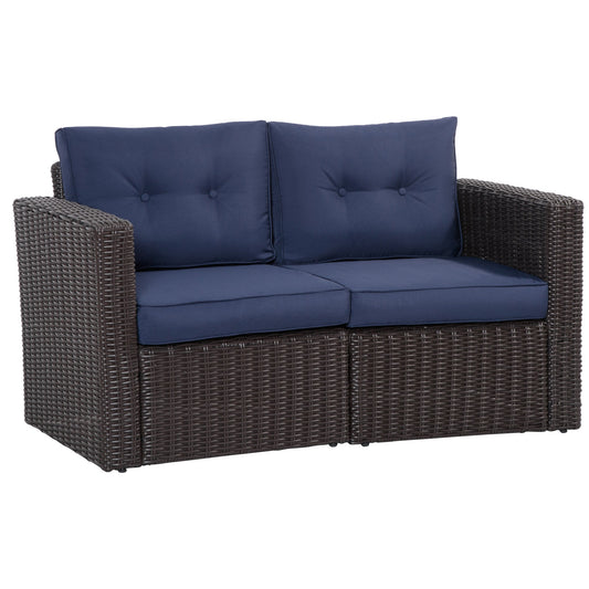 2 Pieces Patio Furniture Set Outdoor Loveseat Wicker Corner Sofa Set Outdoor Freely Combination PE Rattan Furniture, W/ Curved Armrests &; Padded Cushion for Balcony, Garden, Lawn, Dark Blue at Gallery Canada