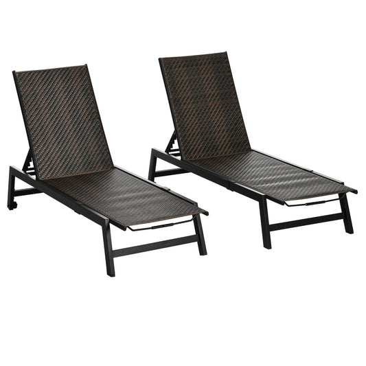 2 Pieces Patio Lounger Chair Set, Outdoor Aluminum Frame PE Rattan Wicker Sun Lounger Set w/ 5-Position Backrest and Wheels for Sun Room, Garden, Poolside, Dark Brown - Gallery Canada
