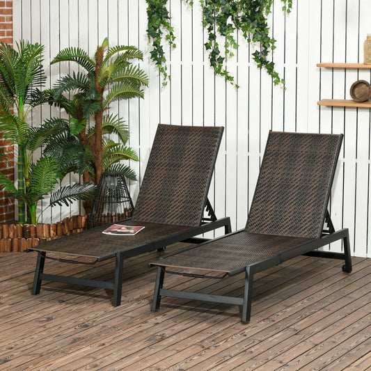 2 Pieces Patio Lounger Chair Set, Outdoor Aluminum Frame PE Rattan Wicker Sun Lounger Set w/ 5-Position Backrest and Wheels for Sun Room, Garden, Poolside, Dark Brown - Gallery Canada