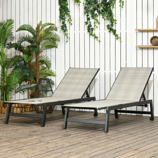 2 Pieces Patio Lounger Chair Set, Outdoor Aluminum Frame PE Rattan Wicker Sun Lounger Set w/ 5-Position Backrest and Wheels for Sun Room, Garden, Poolside, Light Grey - Gallery Canada