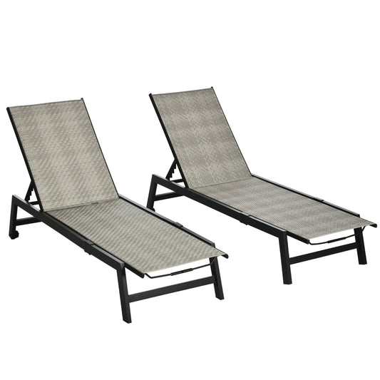 2 Pieces Patio Lounger Chair Set, Outdoor Aluminum Frame PE Rattan Wicker Sun Lounger Set w/ 5-Position Backrest and Wheels for Sun Room, Garden, Poolside, Light Grey - Gallery Canada