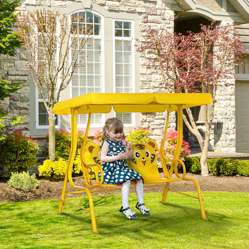 2-Seat Kids Patio Swing Chair, Children Outdoor Patio Lounge Chair, for Garden Porch, with Adjustable Canopy, Seat Belt, Tiger Pattern, for 3-6 Years Old, Yellow