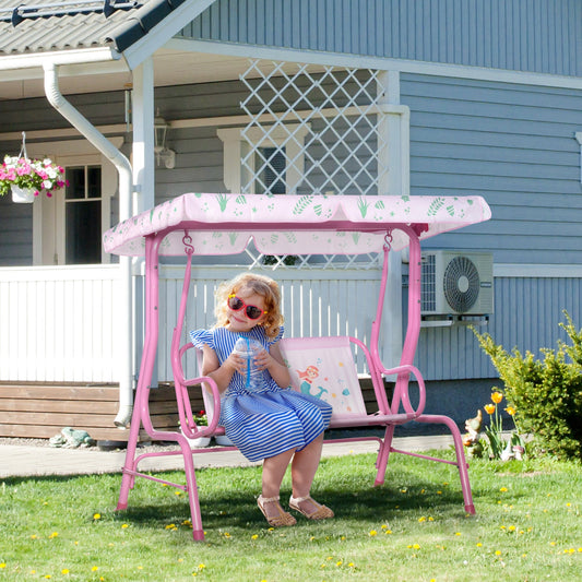 2-Seat Kids Swing Chair, Children Outdoor Patio Lounge Chair with Canopy, for Garden Porch, with Adjustable Awning, Seat Belt, Mermaid Pattern, for 3-6 years old, Pink - Gallery Canada