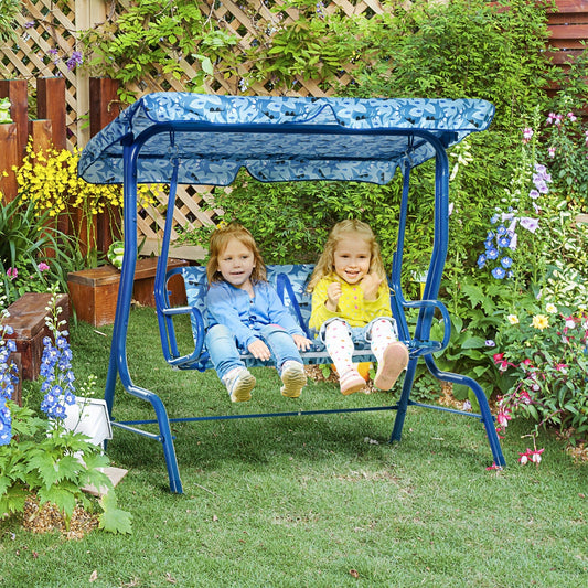 2-Seat Kids Swing Chair Outdoor with Adjustable Canopy Seat Belt, Patio Swing for Porch Backyard, Shark Pattern 43.25" x 27.5" x 43.25" - Gallery Canada