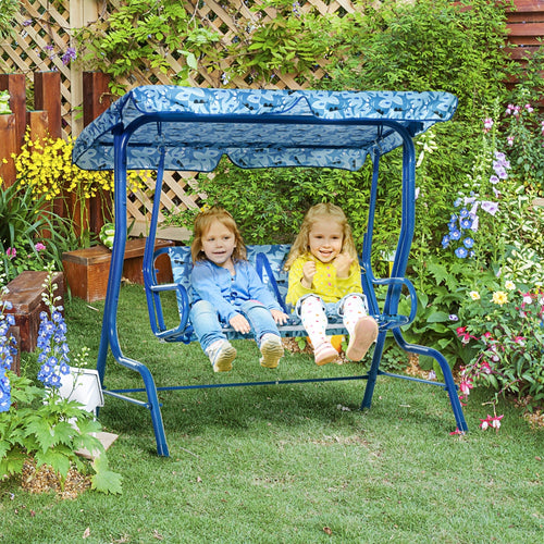2-Seat Kids Swing Chair Outdoor with Adjustable Canopy Seat Belt, Patio Swing for Porch Backyard, Shark Pattern 43.25