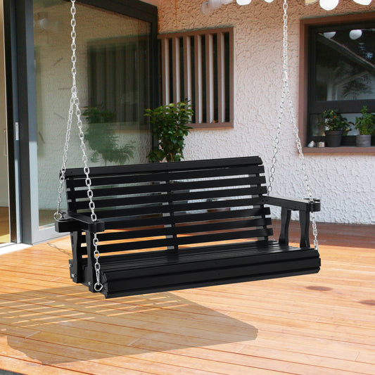 2 Seater Porch Swing Wooden Patio Swing Chair Seat with Cup Holder and Chains Outdoor Swing Bench for Garden Yard, Black - Gallery Canada