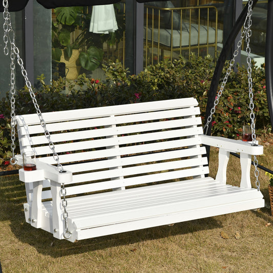 2 Seater Porch Swing Wooden Patio Swing Chair Seat with Cup Holder and Chains Outdoor Swing Bench for Garden Yard, White - Gallery Canada