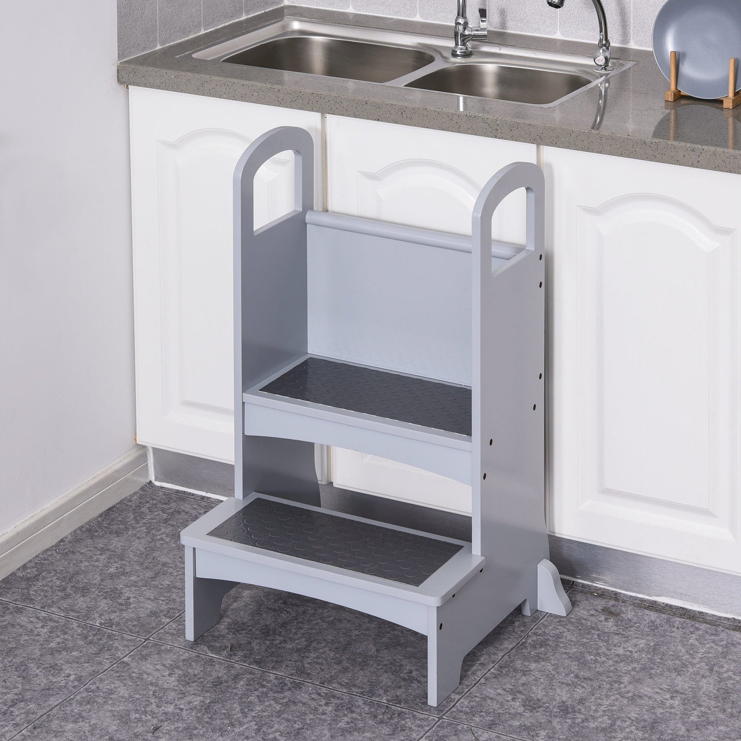 2 Step Stool Kids Kitchen Helper with Support Handles and Non-Slip Pad for Kitchen, Living room and Bathroom, Grey at Gallery Canada