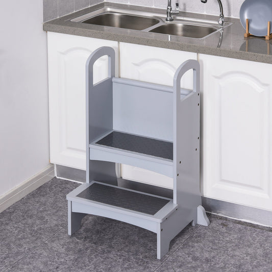 2 Step Stool Kids Kitchen Helper with Support Handles and Non-Slip Pad for Kitchen, Living room and Bathroom, Grey - Gallery Canada