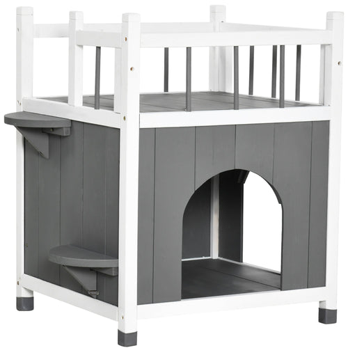 2-Story Cat House Wooden Condo, Kitten Shelter with Balcony, Jump Steps, Multiple Entrances, for Feral Cats - Grey