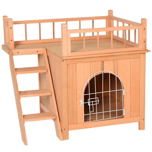 2-Story Pet House for Cats Miniature Sized Dogs, Wooden Kitten Shelter with Enclosure, Balcony, Lockable Gate, Stairs, Natural