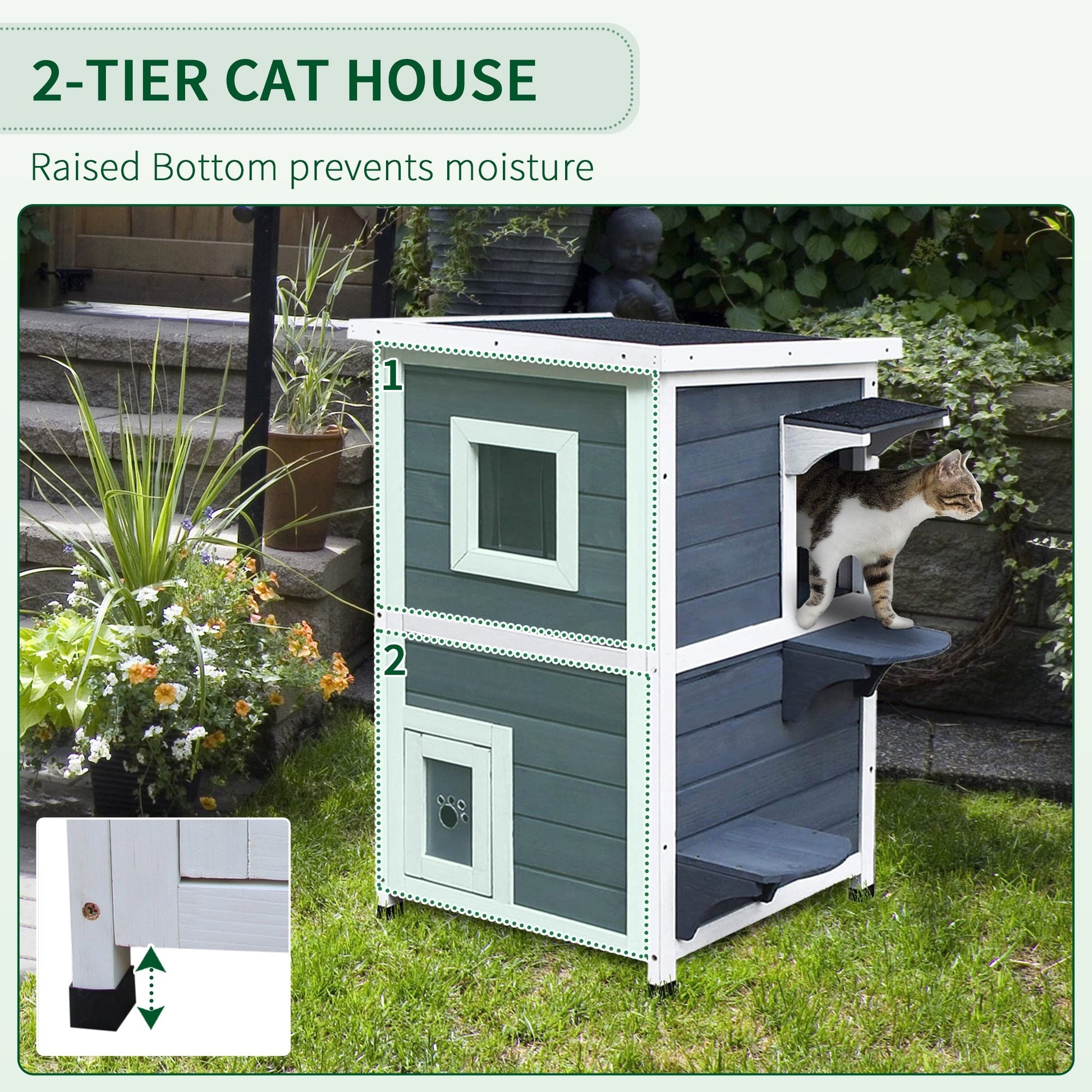 2 Story Wooden Outdoor Cat House with Windows, Platforms, Openable Top, Asphalt Roof, Grey - Gallery Canada