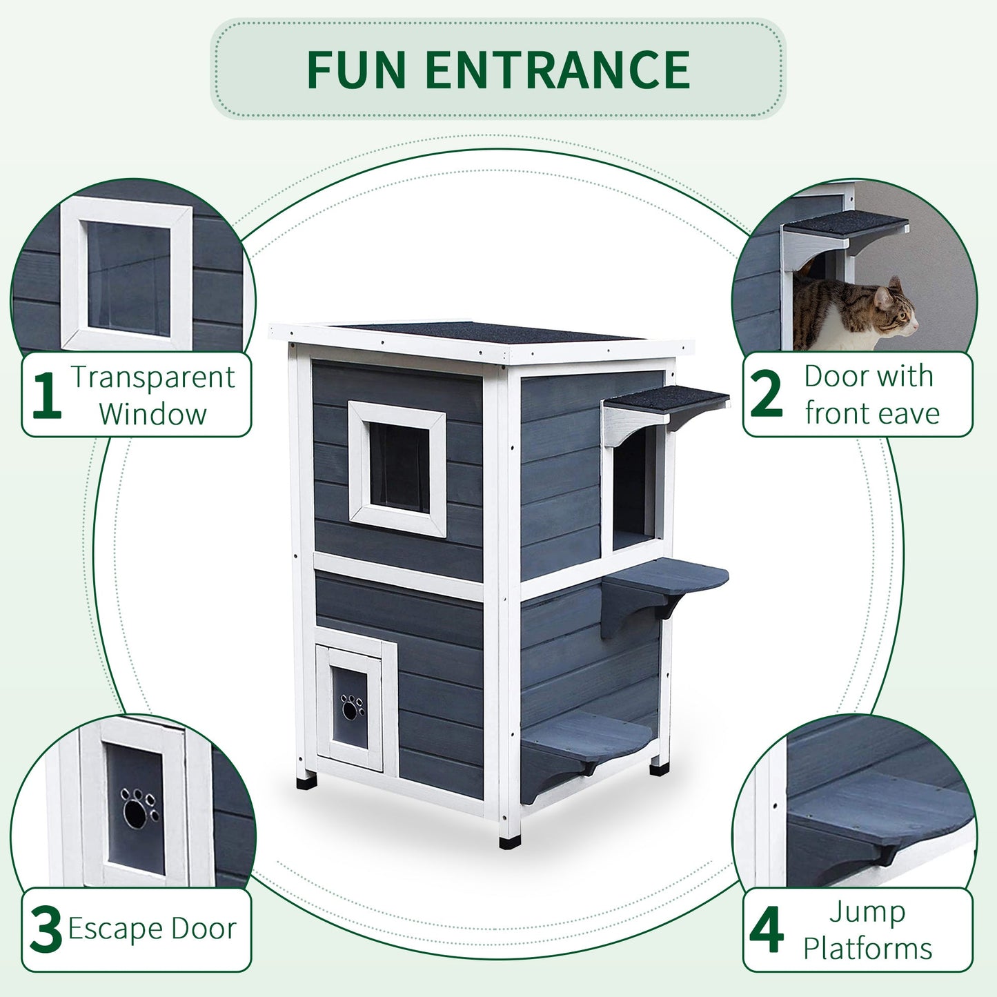 2 Story Wooden Outdoor Cat House with Windows, Platforms, Openable Top, Asphalt Roof, Grey - Gallery Canada
