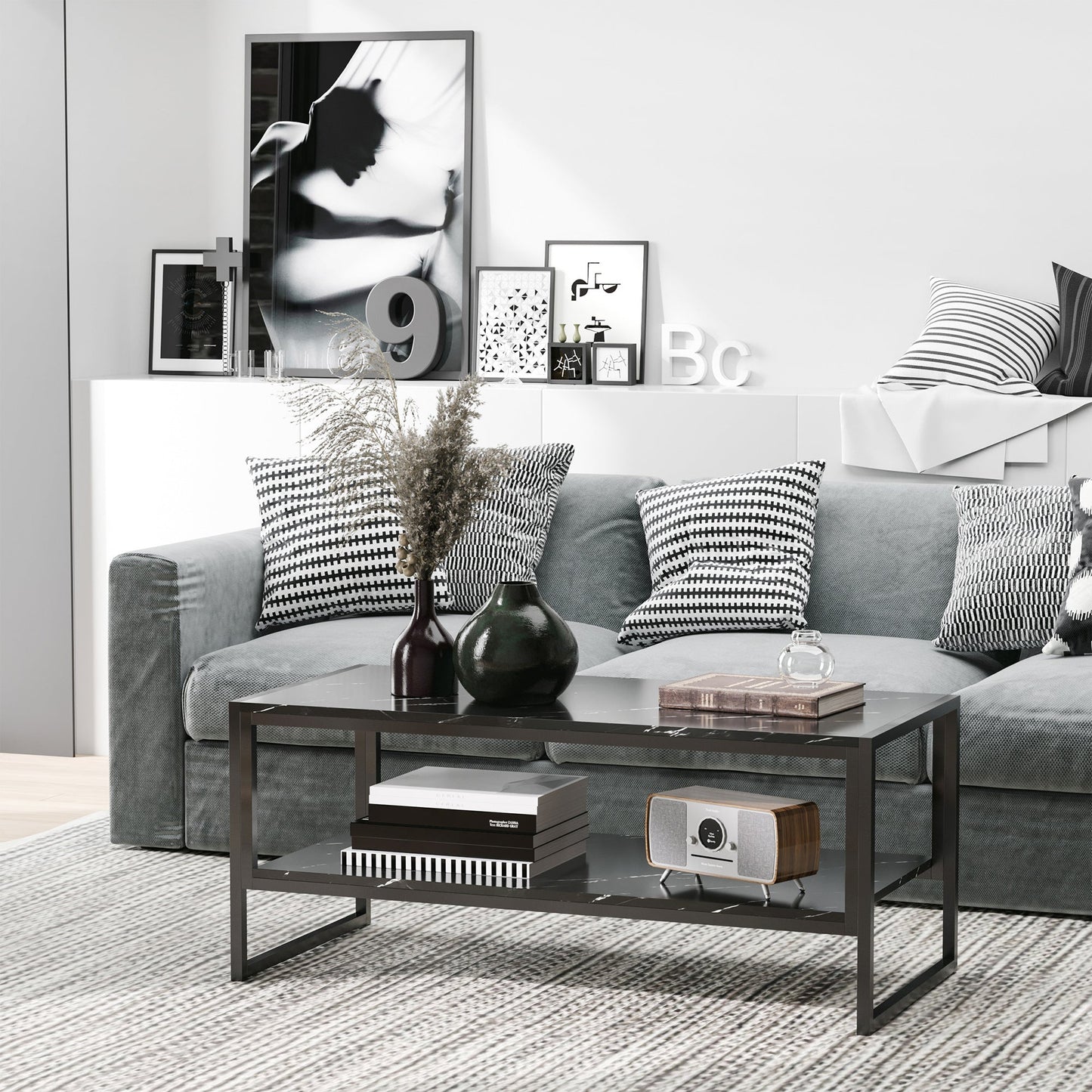 2-Tier Coffee Table with Storage Shelf, Cocktail Table with Marble Textured Table Top, for Living Room Bedroom Dorm, Black - Gallery Canada