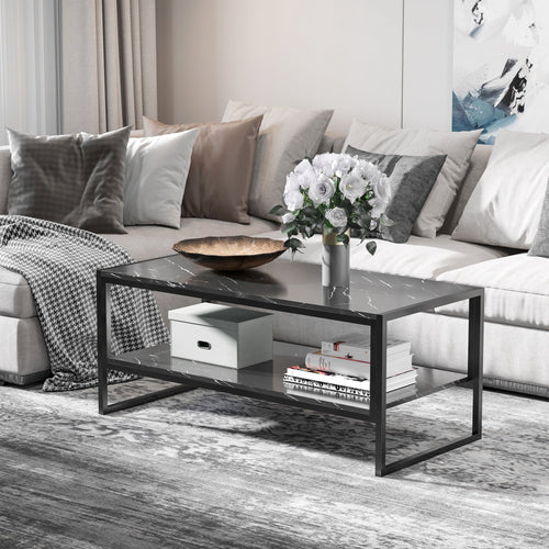 2-Tier Coffee Table with Storage Shelf, Cocktail Table with Marble Textured Table Top, for Living Room Bedroom Dorm, Black