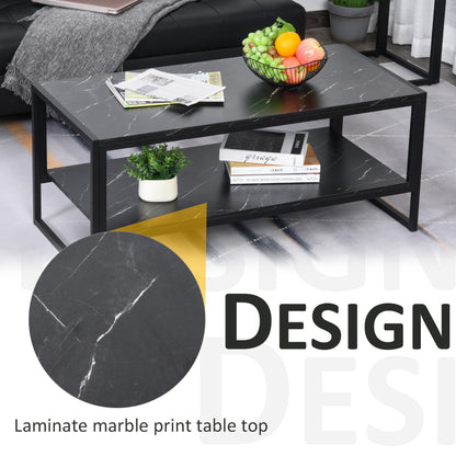 2-Tier Coffee Table with Storage Shelf, Cocktail Table with Marble Textured Table Top, for Living Room Bedroom Dorm, Black - Gallery Canada