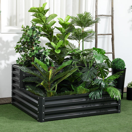 2 Tier Raised Garden Bed, 47" x 40" x 23" Galvanized Steel Planter Box for Vegetables, Flowers and Herbs, Dark Grey - Gallery Canada