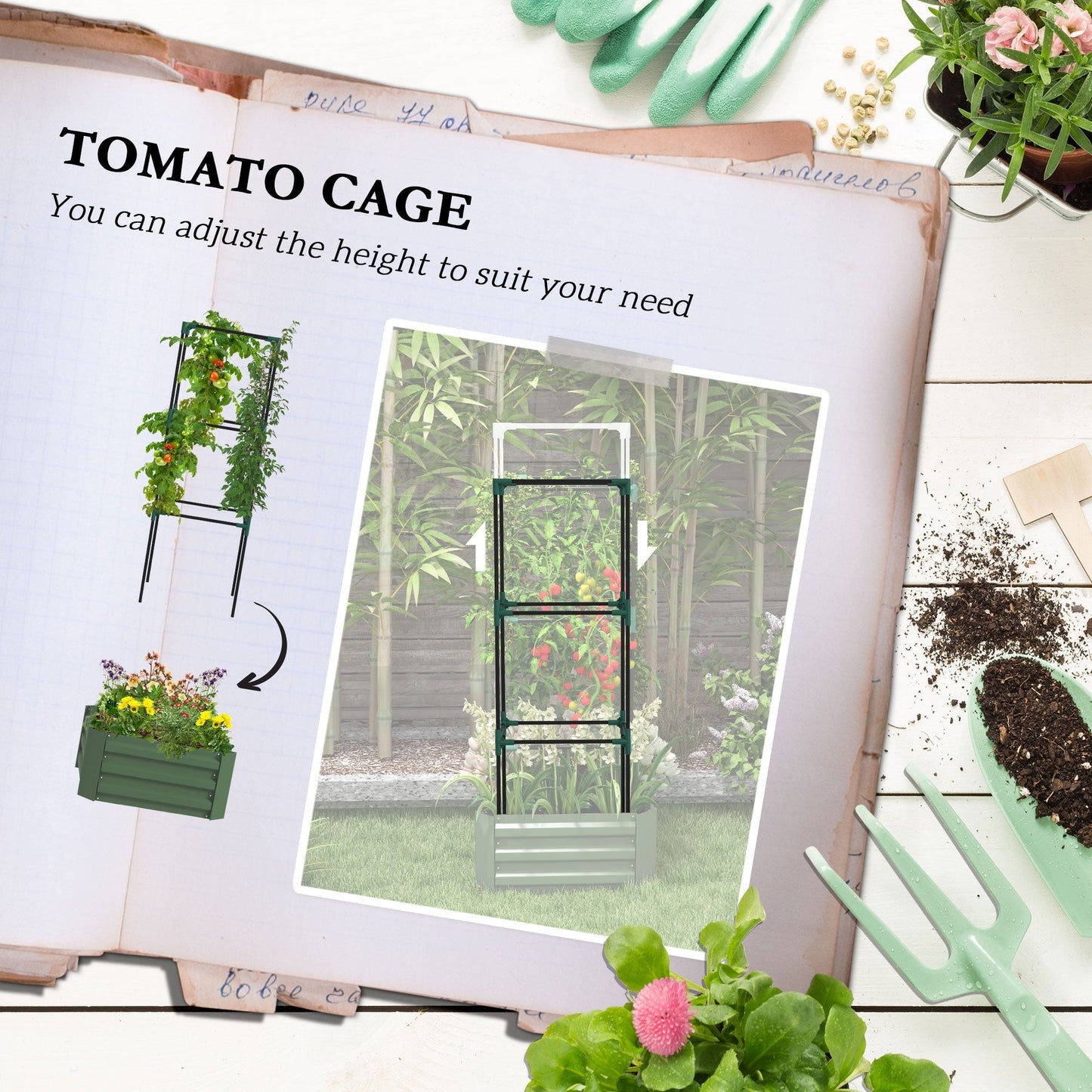 Galvanized Planter Box, Outdoor Raised Garden Bed with 3-Tier Trellis Tomato Cage for Climbing Vines, Vegetables, Green at Gallery Canada