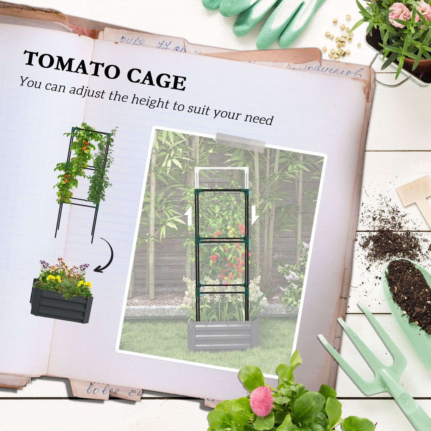 Galvanized Planter Box, Outdoor Raised Garden Bed with 3-Tier Trellis Tomato Cage for Climbing Vines, Vegetables, Grey - Gallery Canada