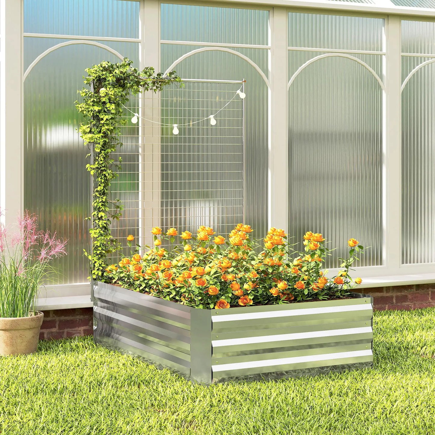 Galvanized Raised Garden Bed With Trellis, Planter Box, Open Bottom, Silver Galvanized Planter Boxes at Gallery Canada