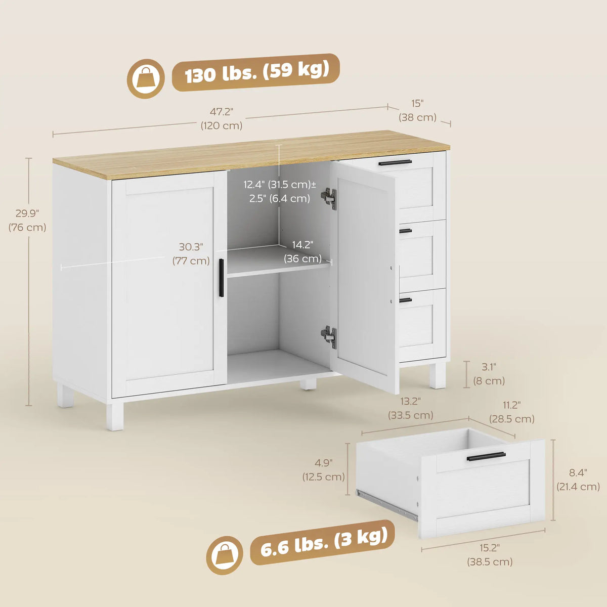 Buffet Cabinet with Soft Close Doors, Modern Sideboard with 3 Drawers, White Bar Cabinets at Gallery Canada