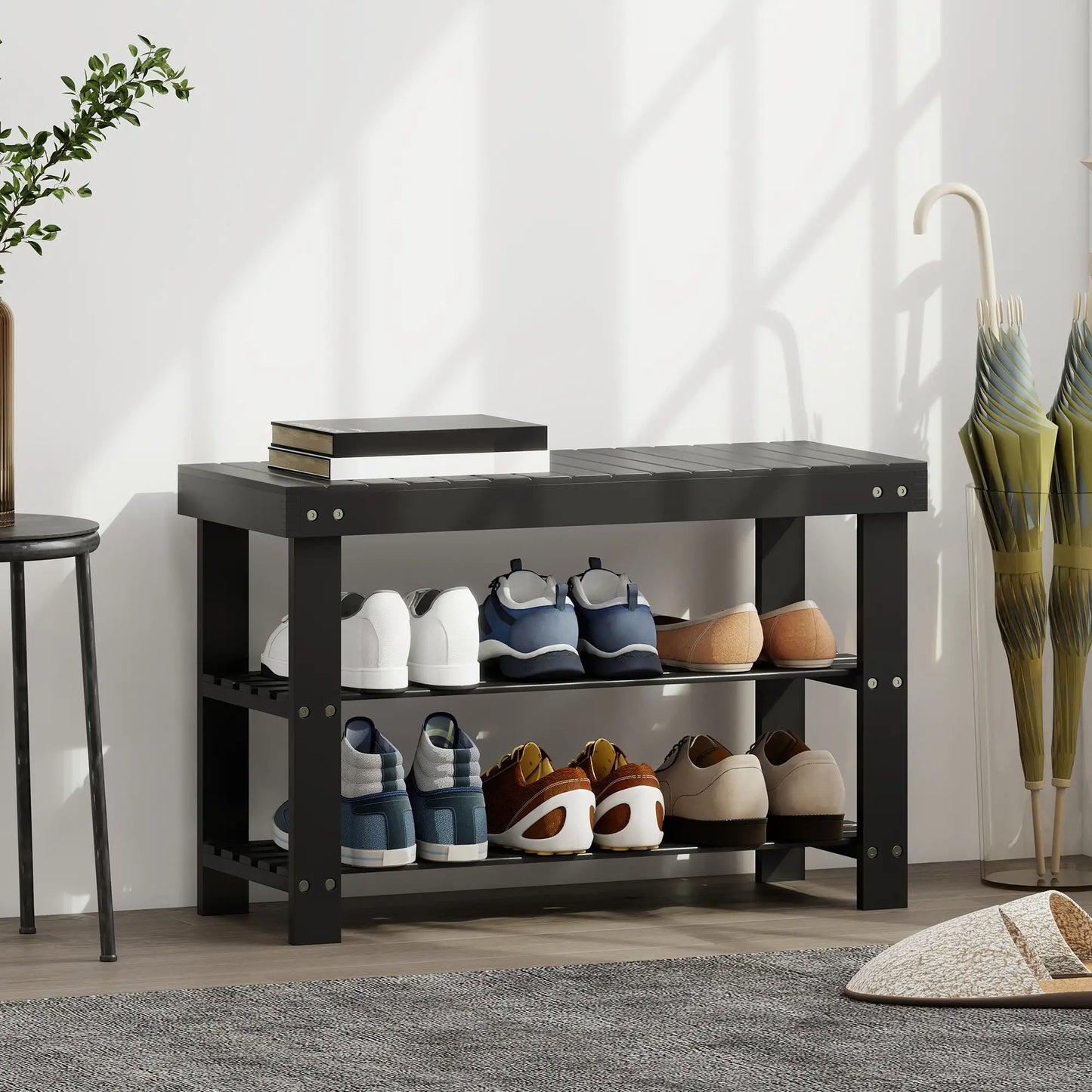 Bamboo Shoe Storage Bench, 3-Tier, 2 Shelves, Holds 6 Pairs, Black Shoe Storage Cabinets & Racks at Gallery Canada
