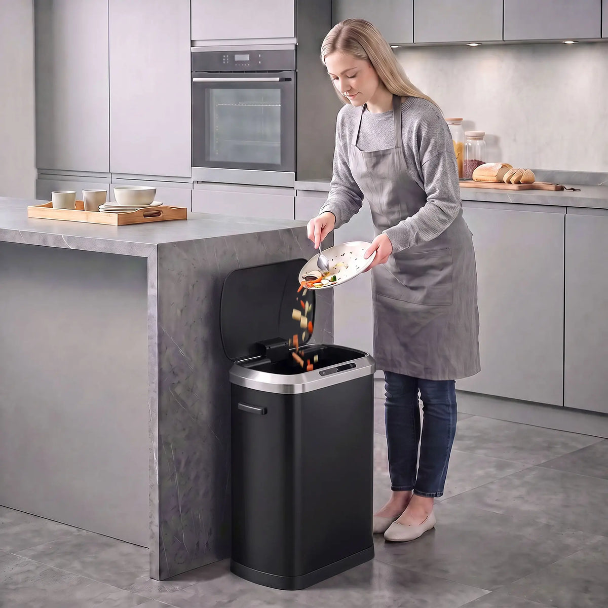 50L Touchless Trash Can, Black Stainless Steel Soft-Close Lid, Black