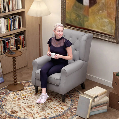 Fabric Accent Chair, Button Tufted Armchair, Modern Living Room, Wood Legs, Grey Accent Chairs at Gallery Canada