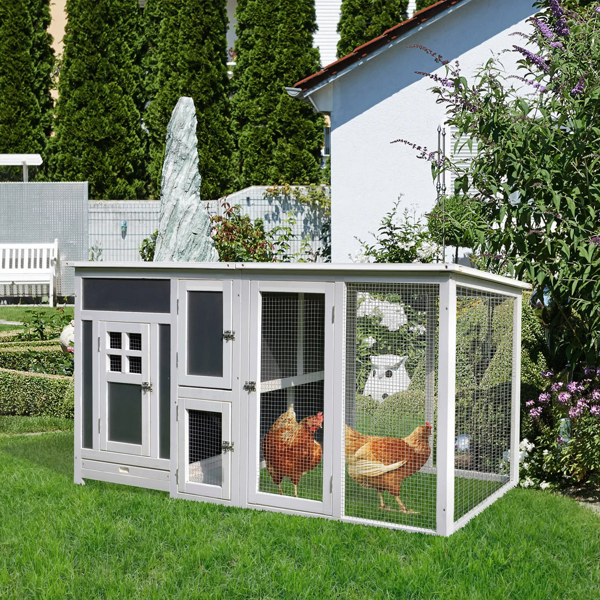63" Wooden Chicken Coop, Rabbit Hutch, Nesting Box, Run, Grey Chicken Coops at Gallery Canada