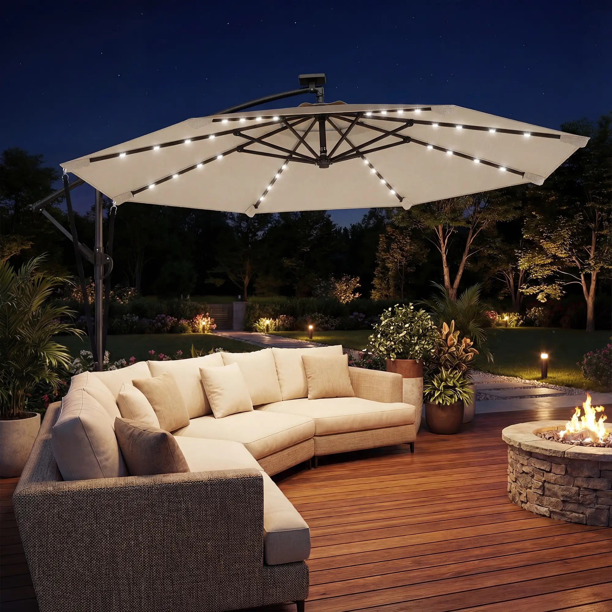 11.3 ft Cantilever Patio Umbrella With Light, Cover, Aluminium UPF50+, Khaki Offset Cantilever Umbrellas at Gallery Canada