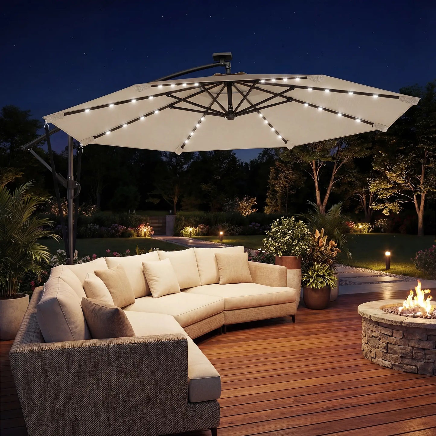 11.3 ft Cantilever Patio Umbrella With Light, Cover, Aluminium UPF50+, Khaki Offset Cantilever Umbrellas at Gallery Canada