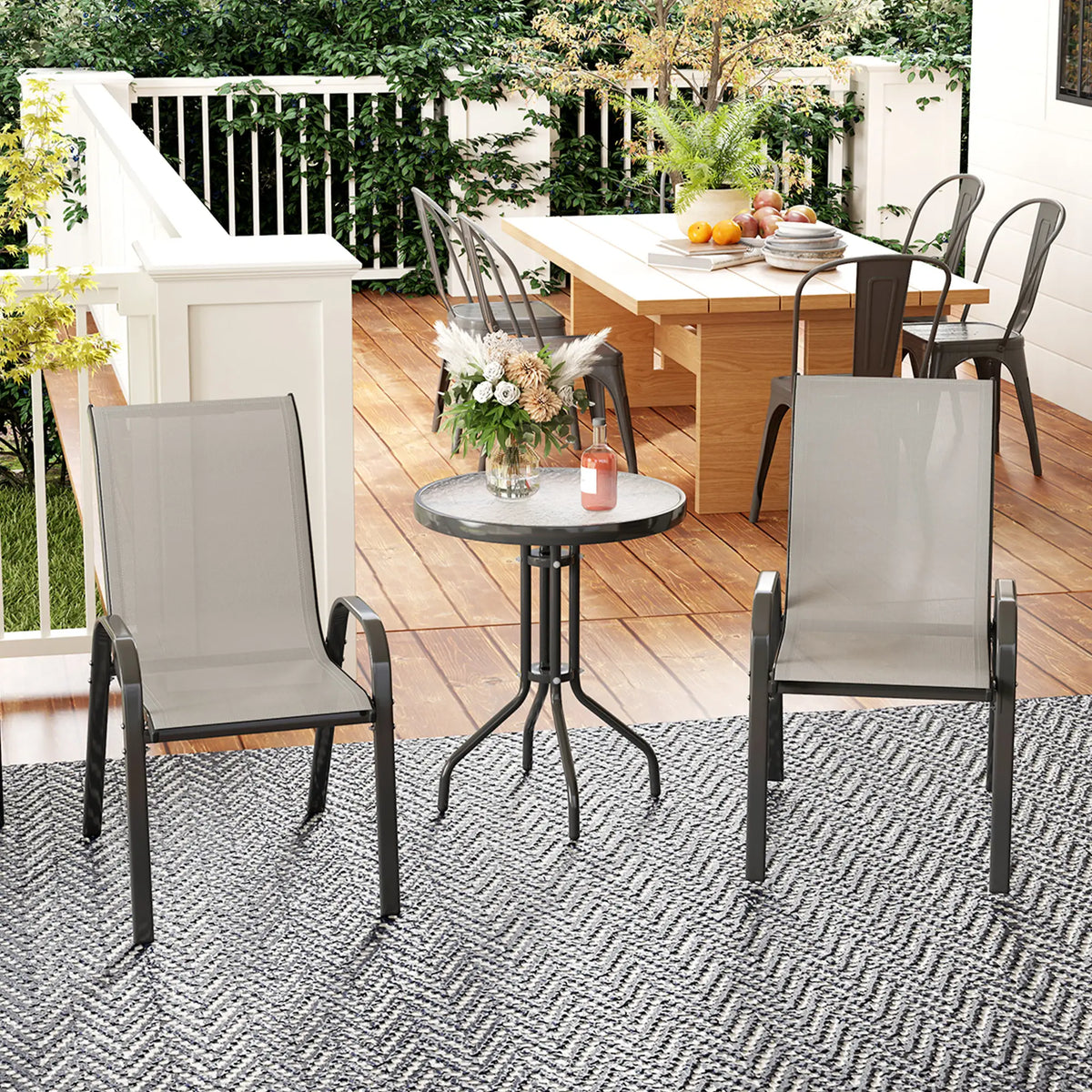 3 Piece Bistro Set, Small Patio Furniture, Stackable Mesh Chairs, Glass Table, Light Grey Bistro Sets at Gallery Canada
