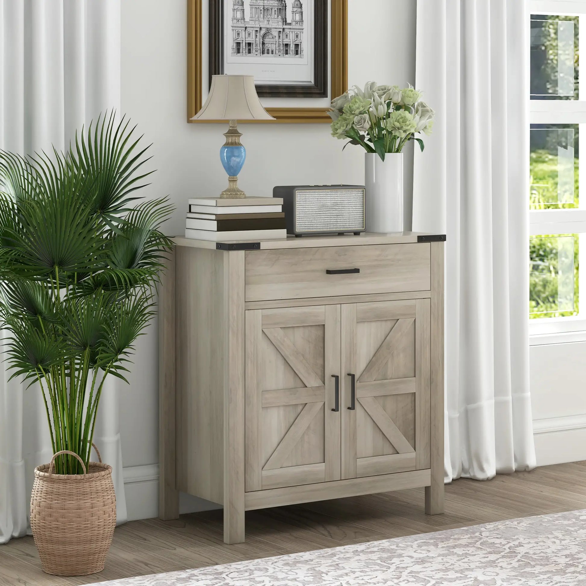 Farmhouse Buffet Cabinet, 1 Drawer, Storage Cabinet, Adjustable Shelf, Grey Bar Cabinets at Gallery Canada