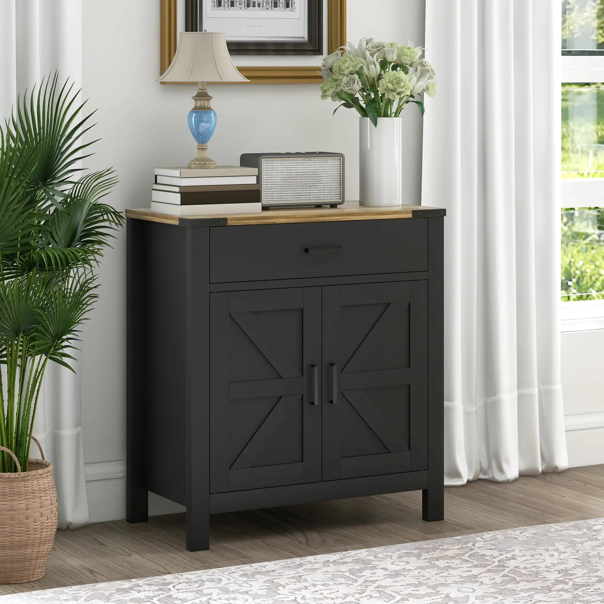 Farmhouse Buffet Cabinet, 1 Drawer, Storage Cabinet, Adjustable Shelf, Black Bar Cabinets at Gallery Canada